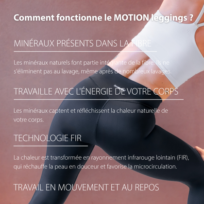 Technologie de MOTION leggings  : les minéraux dans les fibres captent la chaleur corporelle et la convertissent en rayonnement infrarouge FIR qui favorise la microcirculation.
