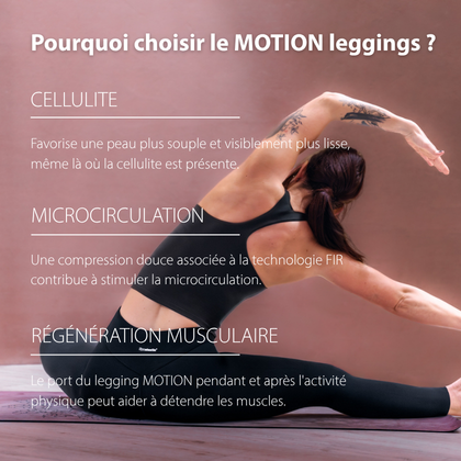 Bienfaits de MOTION leggings : soutien de l’élasticité de la peau là où la cellulite est visible, compression légère pour une silhouette plus définie et soutien de la microcirculation pour aider à détendre les muscles.